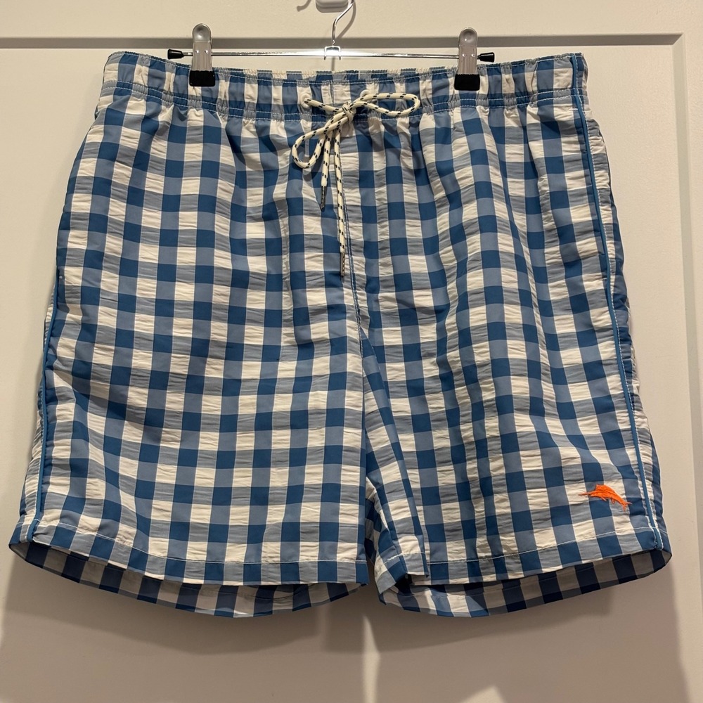 Tommy Bahama Relax Mens Blue Gingham Swim Trunks Shorts Large Mesh Lined